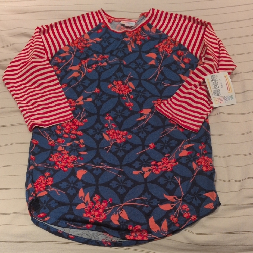 LuLaRoe Women's 3/4 Sleeve Shirt - Red and Blue Floral Stripes
